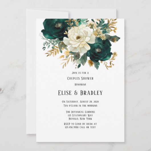 緑の金ゴールドホワイトボタニカルフローラカップルのシャワー 招待状 (正面)