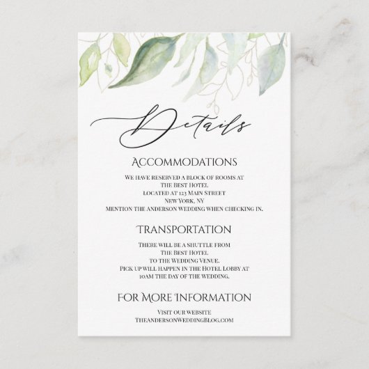 緑の金ゴールドボタニカル葉ホテル宿泊施設 エンクロージャーカード (正面)