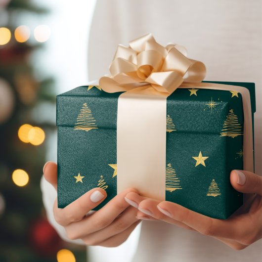 緑の金ゴールドモダン幾何シンプルクリスマスツリー ラッピングペーパー