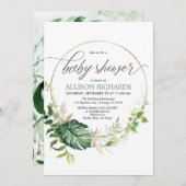 緑の金ゴールドモンステラ熱帯離れの赤ちゃんシャワー 招待状 (正面/裏面)
