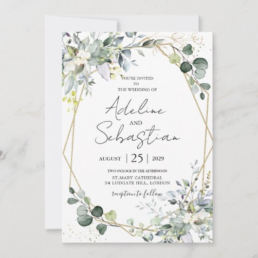 緑の金ゴールドユーカリの葉の幾何結婚性 招待状 (正面)