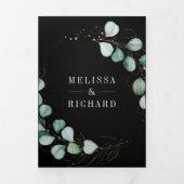 緑の金ゴールドユーカリプタスブラックQRコード結婚ズ 三つ折り招待状 (カバー)