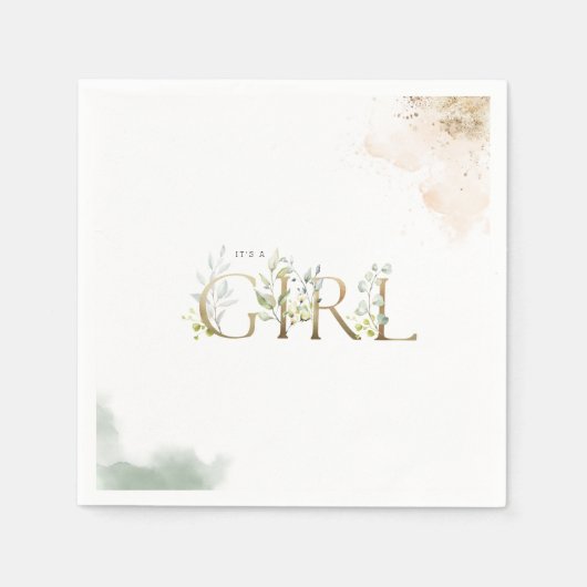 緑の金ゴールドユーカリ女の子の赤ちゃんシャワー スタンダードカクテルナプキン (正面)
