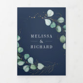 緑の金ゴールドユーカリ海軍ブルーQRコード結婚ズ 三つ折り招待状 (カバー)