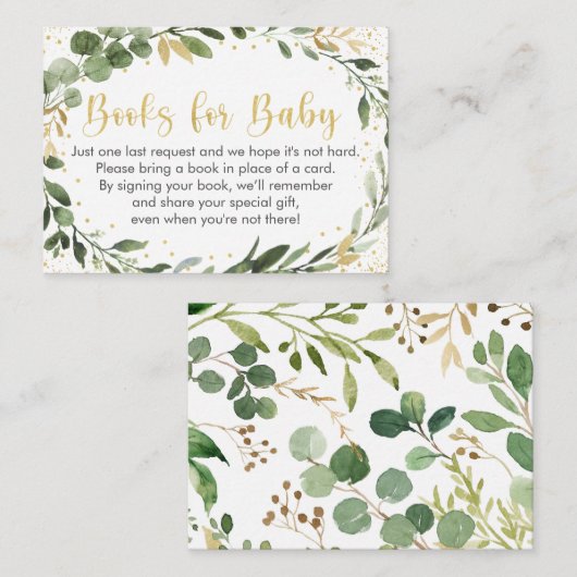 緑の金ゴールドユーカリ赤ちゃんシャワー本のリクエスト エンクロージャーカード (正面/裏面)