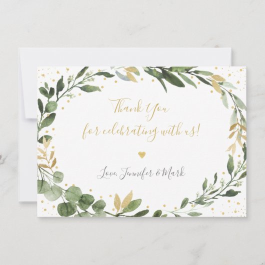 緑の金ゴールドユーカリ赤ちゃんシャワー サンキューカード (正面)