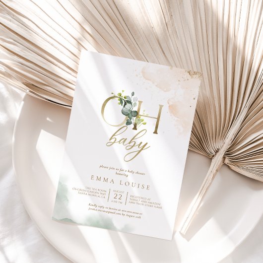 緑の金ゴールドユーカリOhベビーシャワー 招待状