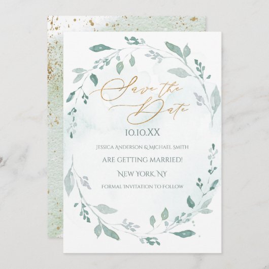 緑の金ゴールドリース水の色日付を保存 招待状 (正面/裏面)