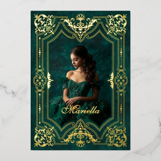緑の金ゴールド仮装の写真キンセアニェラ 箔招待状 (正面)