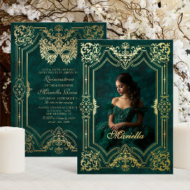 緑の金ゴールド仮装の写真キンセアニェラ 箔招待状
