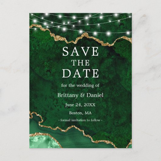 緑の金ゴールド大理石のGeodeライト日付を保存 案内ポストカード (正面)