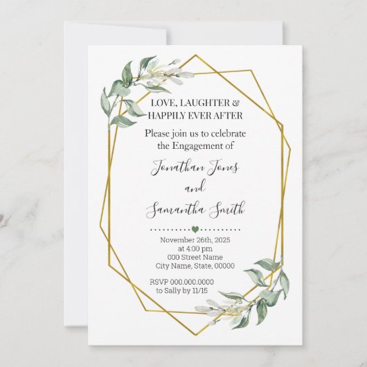 緑の金ゴールド婚約パーティミニマ結婚リスト 招待状 (正面)