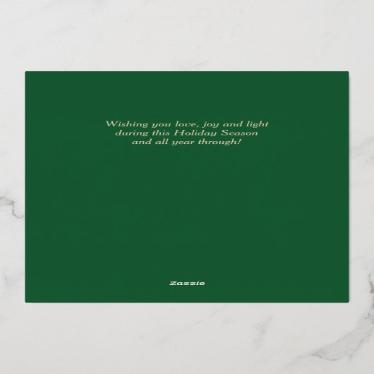 緑の金ゴールド家族の写真メリークリスマス 箔シーズンカード (裏面)