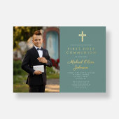 緑の金ゴールド少年の写真第1聖餐式 箔招待状