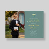 緑の金ゴールド少年の写真第1聖餐式 箔招待状
