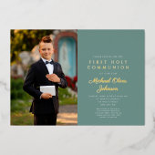 緑の金ゴールド少年の写真第1聖餐式 箔招待状 (正面)