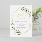 緑の金ゴールド幾何学的素朴ベビーシャワーのホイル 箔招待状 (立ち正面)