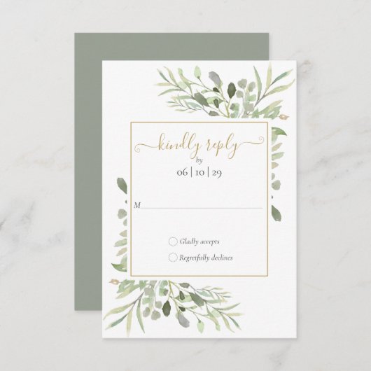 緑の金ゴールド幾何学的結婚スクリプト 出欠カード (正面/裏面)