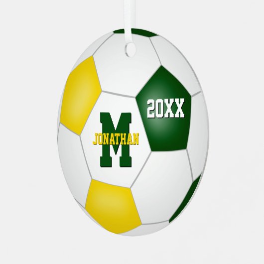 緑の金ゴールド彼は彼女のスクールチームのカラーサッカー メタルオーナメント (正面左)