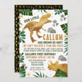 緑の金ゴールド恐竜の誕生日パーティーへの招待 招待状 (正面/裏面)