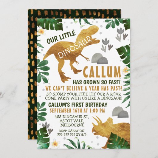 緑の金ゴールド恐竜の誕生日パーティーへの招待 招待状 (正面/裏面)