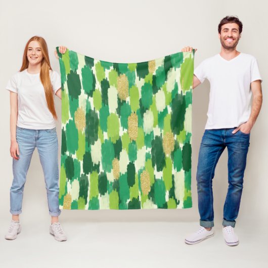 緑の金ゴールド抽象芸術ブラシストロークのパターン フリースブランケット (インサイチュ)