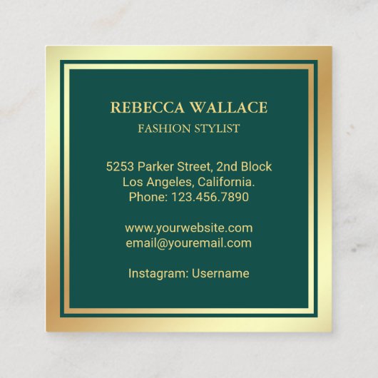 緑の金ゴールド服掛けファッションスタイリスト スクエア名刺 (裏面)