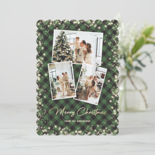 緑の金ゴールド格子模様の写真コラージュメリークリスマス シーズンカード (スタンド正面)
