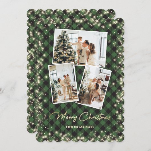 緑の金ゴールド格子模様の写真コラージュメリークリスマス シーズンカード (正面/裏面)