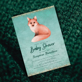 緑の金ゴールド水の色ウッドランドキツネベビーシャワー 招待状