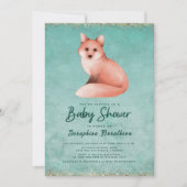緑の金ゴールド水の色ウッドランドキツネベビーシャワー 招待状 (正面)