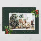 緑の金ゴールド水色ホリーフォトクリスマスカード シーズンカード (正面/裏面)