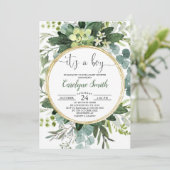 緑の金ゴールド水色植物少年の赤ちゃんシャワー 招待状 (スタンド正面)