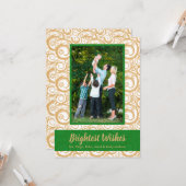 緑の金ゴールド渦巻きクリスマスフォト カード (正面/裏面インサイチュ)