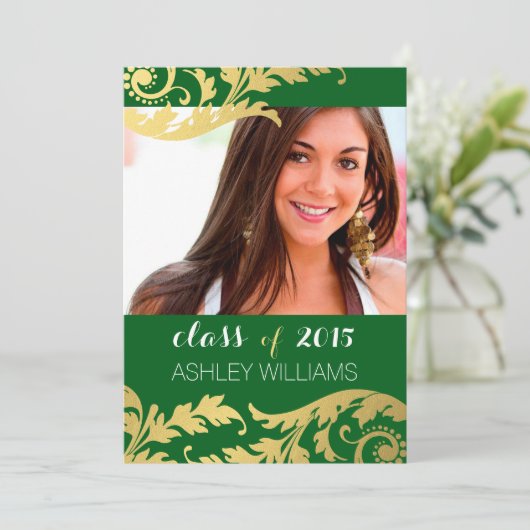 緑の金ゴールド渦巻き写真の卒業発表 招待状 (スタンド正面)