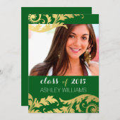 緑の金ゴールド渦巻き写真の卒業発表 招待状 (正面/裏面)