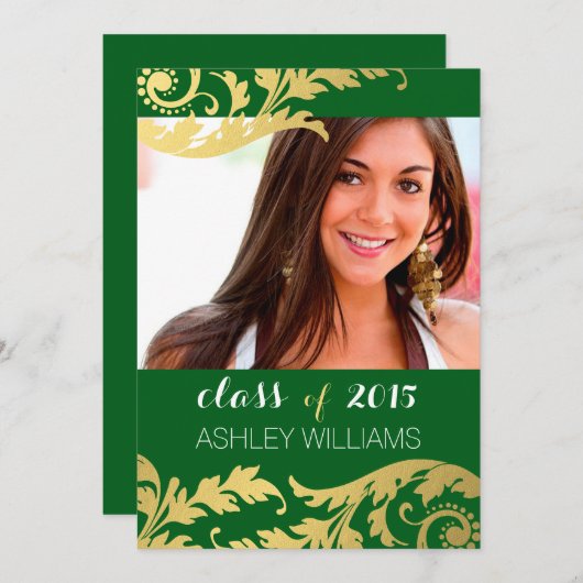 緑の金ゴールド渦巻き写真の卒業発表 招待状 (正面/裏面)