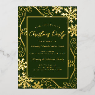 緑の金ゴールド渦雪片フレームクリスマスパーティー 箔招待状
