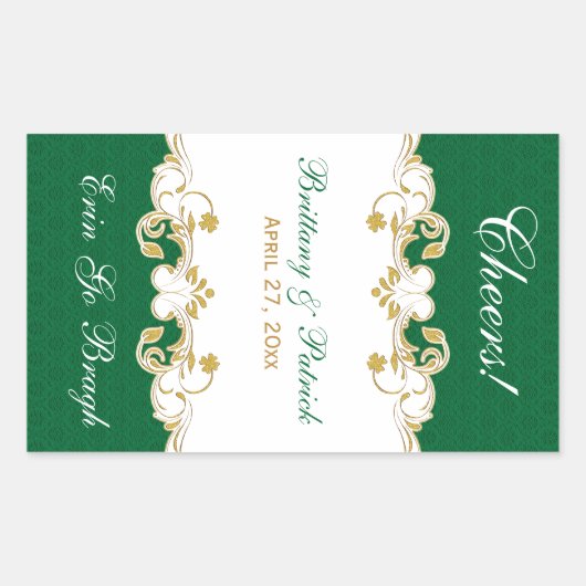緑の金ゴールド白スクロールのワインラベルシール 長方形シール (正面)