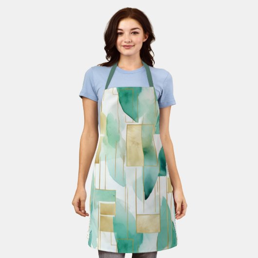 緑の金ゴールド白抽象芸術 エプロン (着用した状態)