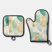 緑の金ゴールド白抽象芸術 鍋つかみ&鍋敷きセット (正面)