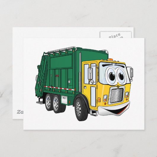 緑の金ゴールド笑顔のごみトラックの漫画 ポストカード (正面/裏面)