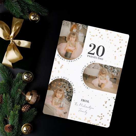 緑の金ゴールド紙吹雪アーチ家族の写真クリスマスH シーズンカード