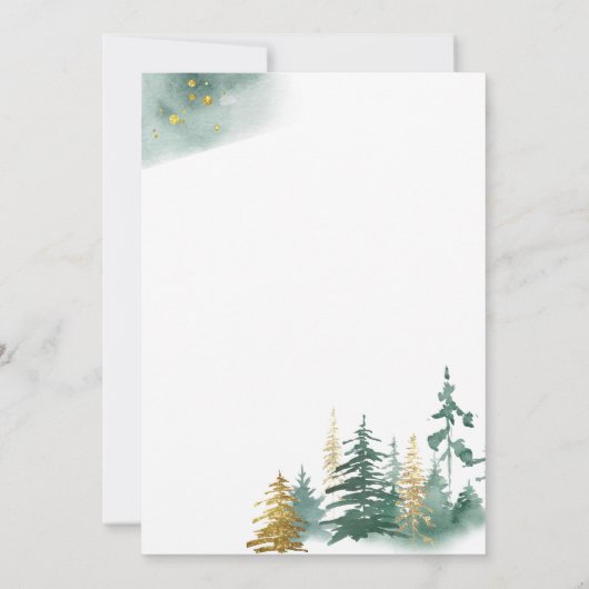 緑の金ゴールド素朴松の木の結婚式の日付を保存 招待状 (裏面)