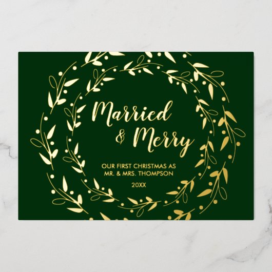 緑の金ゴールド結婚したとメリー初めてのクリスマス写真 箔シーズンカード (正面)