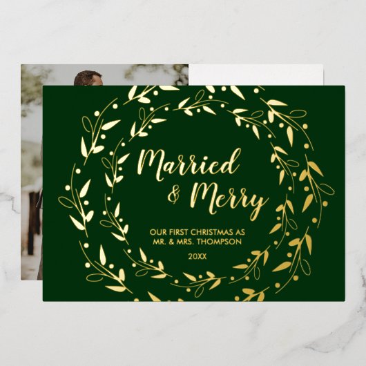 緑の金ゴールド結婚したとメリー初めてのクリスマス写真 箔シーズンカード (正面/裏面)