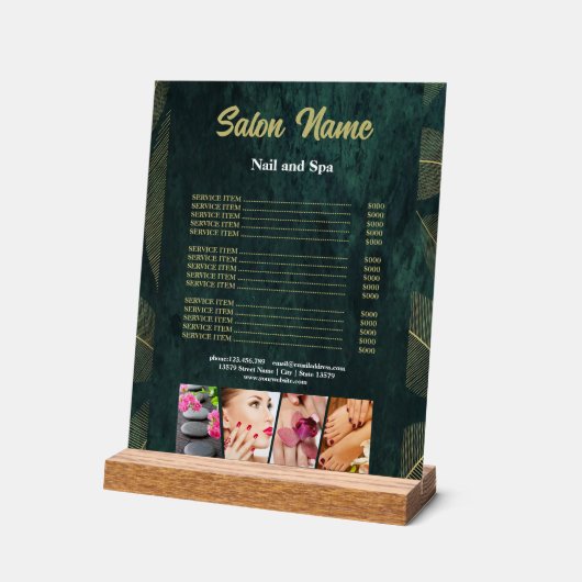 緑の金ゴールド美しいネイルサロン価格表メニュー アクリルサイン (傾斜)