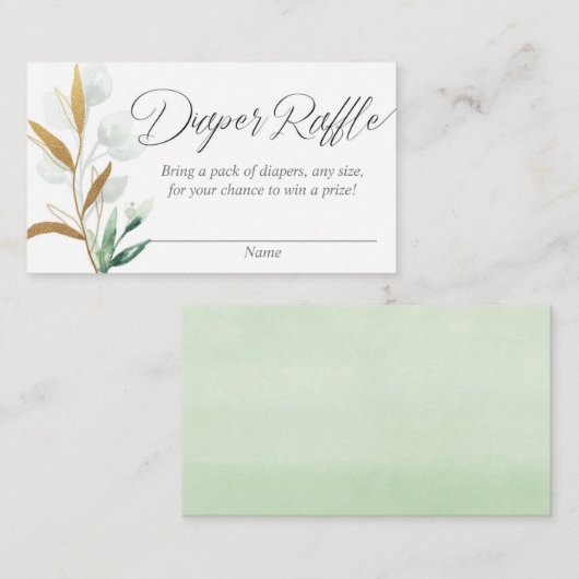 緑の金ゴールド葉の赤ちゃんシャワーおむつラッフルカード エンクロージャーカード (正面/裏面)