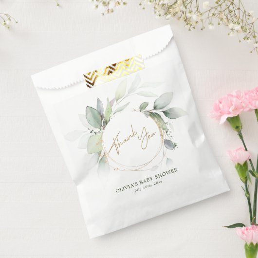 緑の金ゴールド葉ユーカリの赤ちゃんシャワー フェイバーバッグ (封をした状態)