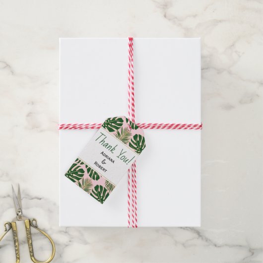 緑の金ゴールド葉熱帯のピンク結婚の感謝 ギフトタグ (より糸付き)